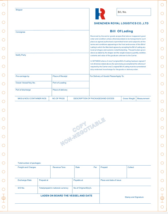 SAMPLE BILL OF LADING
